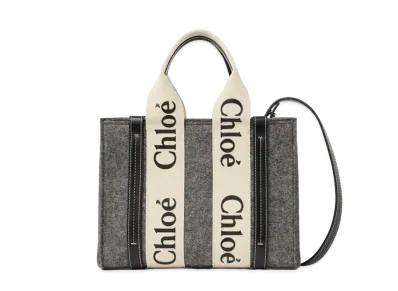 Chloe Small Woody Tote Bag With Strap In Recycled Felt & Shiny Calfskin With Woody Ribbon "Grey"