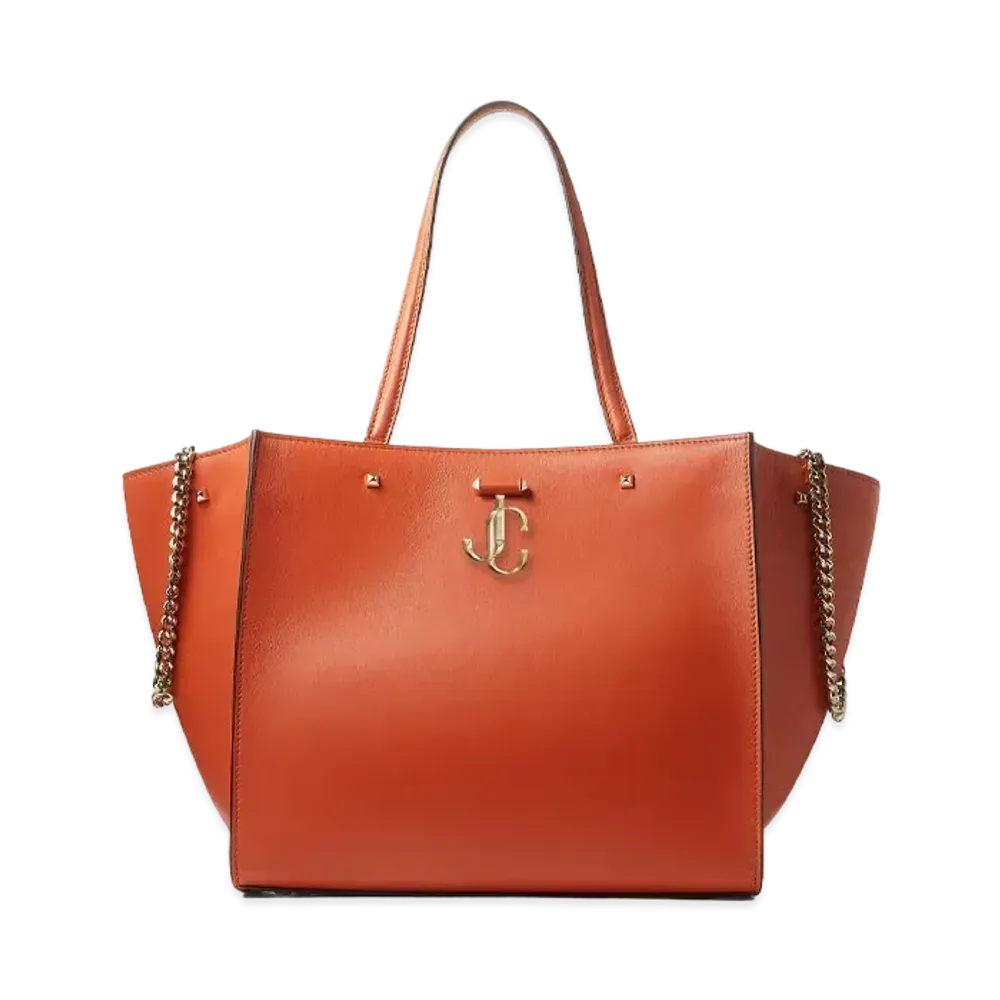 JIMMY CHOO VARENNE TOTE Light Gold JC Logo With Fine Shiny Curf Leather Tote Bag "Dark Amber Orange"
