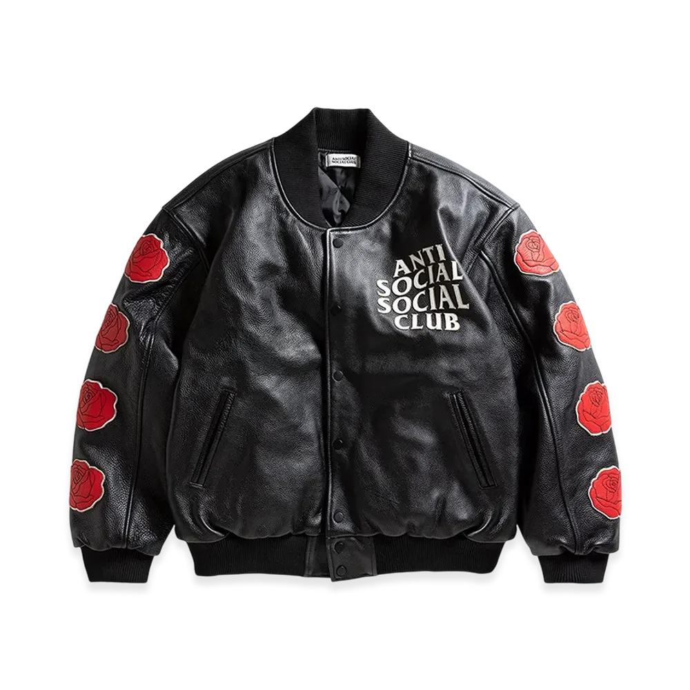 ANTI SOCIAL SOCIAL CLUB Petal To The Metal Leather Varsity Jacket "Black"