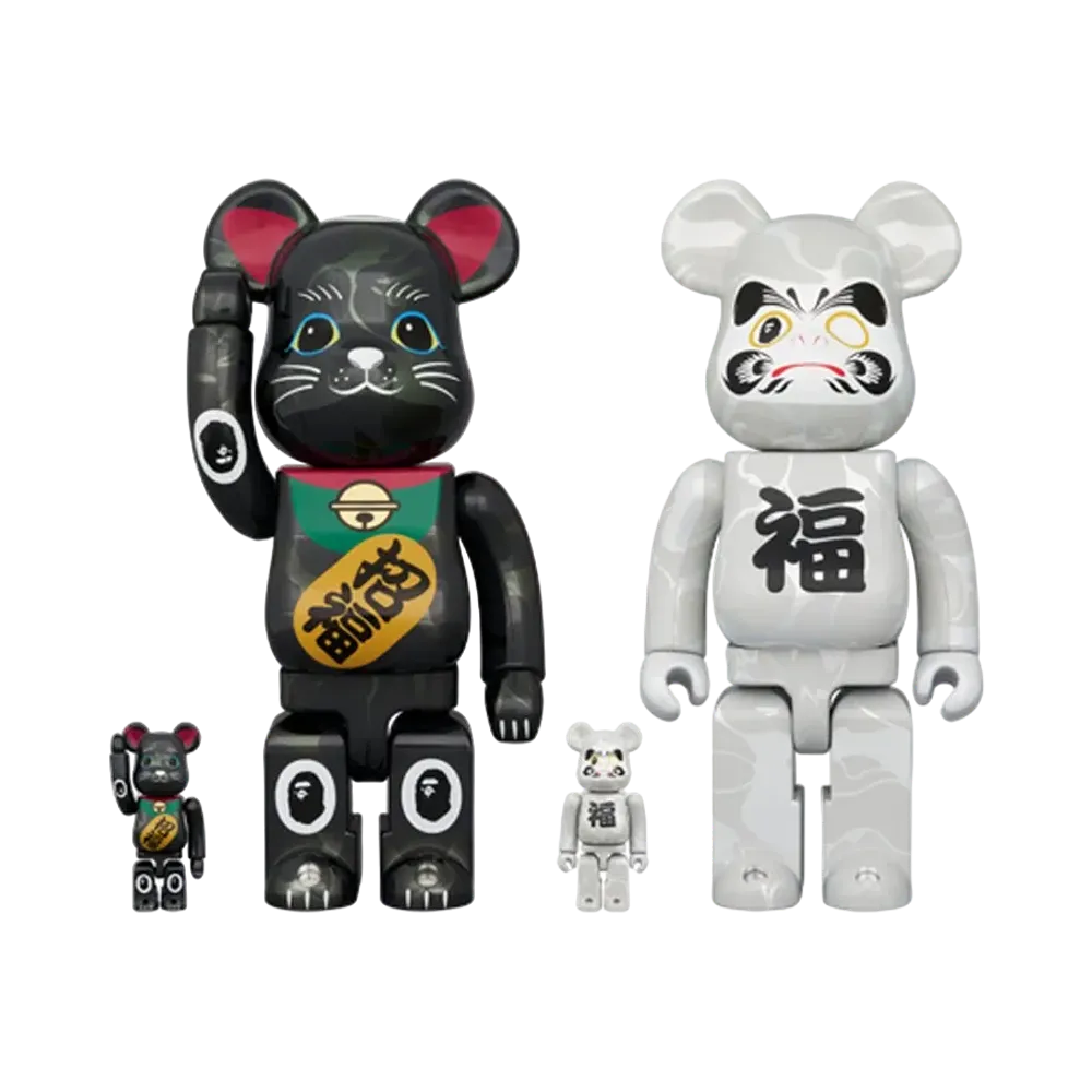 MEDICOM TOY "BEARBRICK" BAPE Lucky Cat Black Plating/Daruma White Plating 100% & 400% (Set of 4)