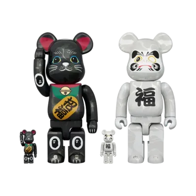 MEDICOM TOY "BEARBRICK" BAPE Lucky Cat Black Plating/Daruma White Plating 100% & 400% (Set of 4)
