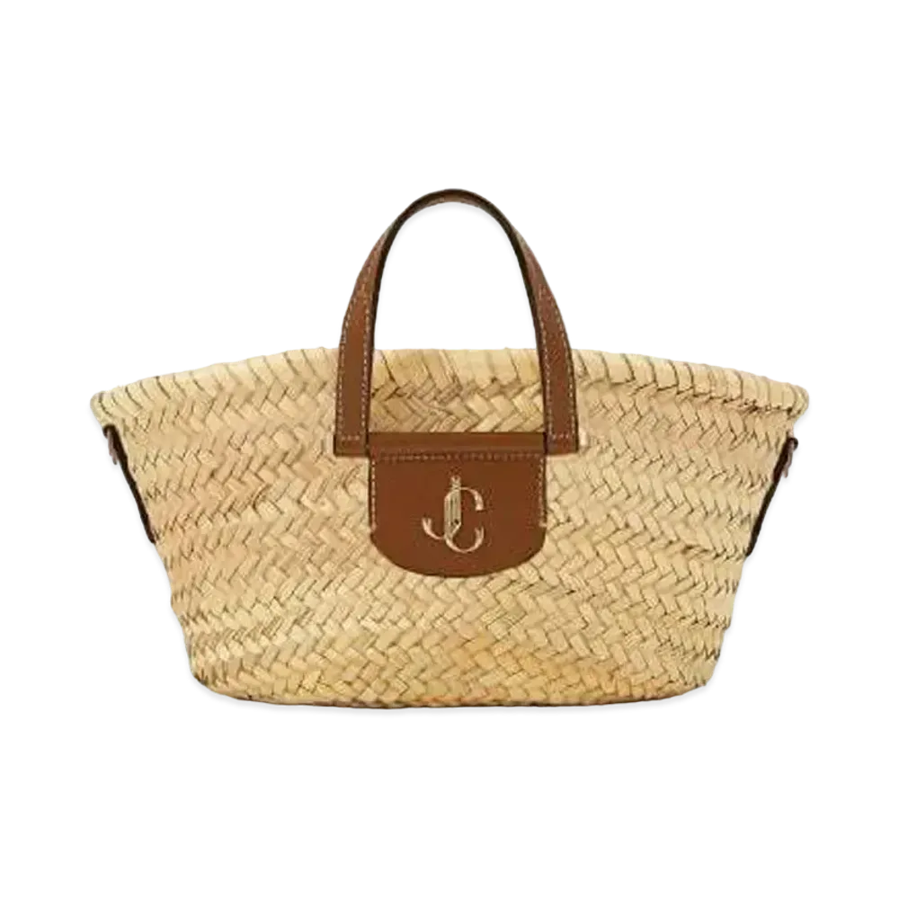Jimmy Choo Macy Tote/S Palm Leaf Raffia Calf Leather Tote Bag With JC Logo "Light Gold/Natural/Dark Tan"