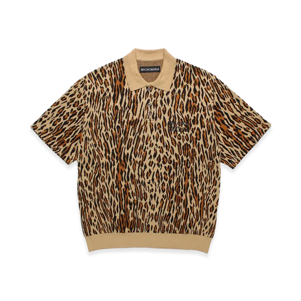 WACKO MARIA Leopard Jacquard Knit Polo Shirt "Beige"