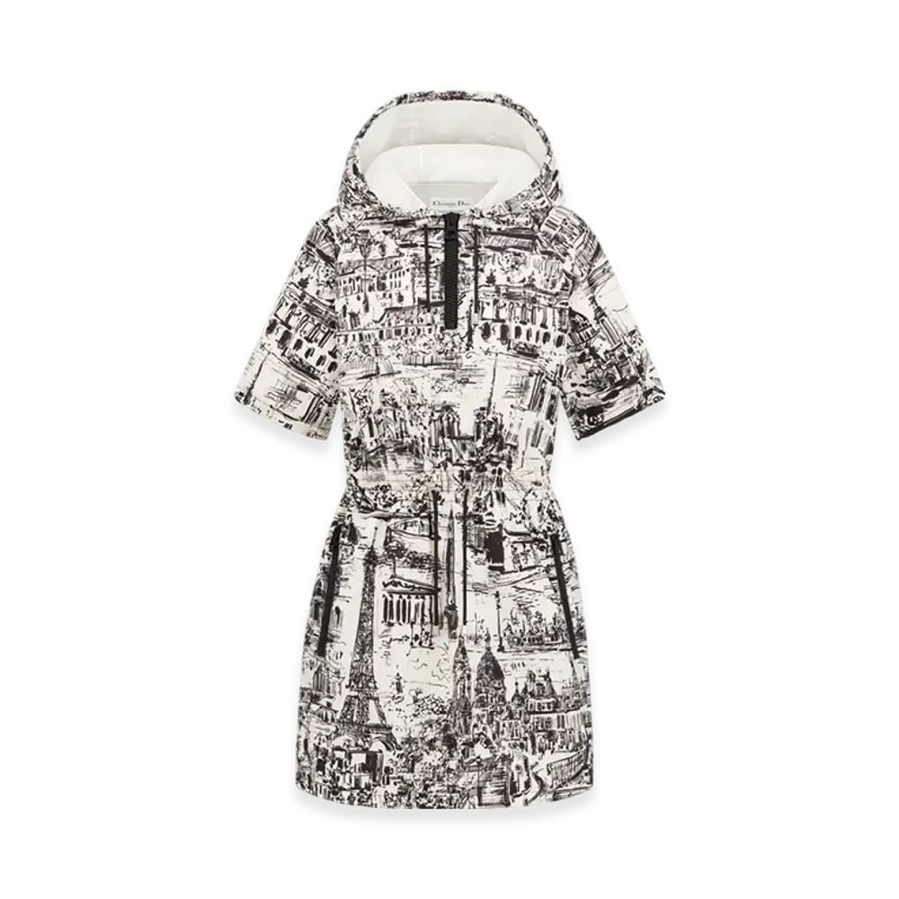 Dior Women's Technical Taffeta Jacquard with Paris Allover Motif Short Hooded Dress "White/Black"