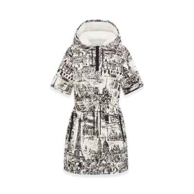 Dior Women's Technical Taffeta Jacquard with Paris Allover Motif Short Hooded Dress "White/Black"