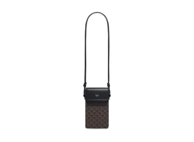 CELINE Phone Pouch With Flap In Triomphe Canvas And Lambskin "Black"