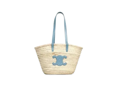 CELINE Medium Triomphe Celine Classic Panier In Palm Leaves And Calfskin "Denim"