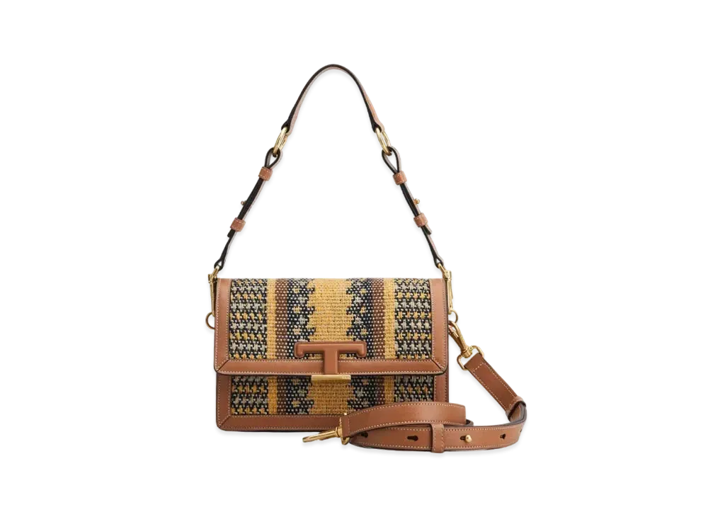 TOD'S Timeles Fabric & Leather Shoulder Bag Mini "Brown/Yellow/Black"