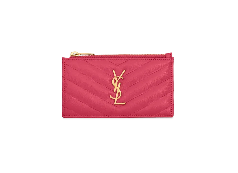 SAINT LAURENT Monogram Fragments Zip Card Case In Grain De Poudre Embossed Leather "Fuchsia"