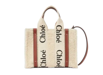 Chloe Small Woody Tote Bag With Strap In Shearling & Shiny Calfskin With Woody Ribbon "Beige"