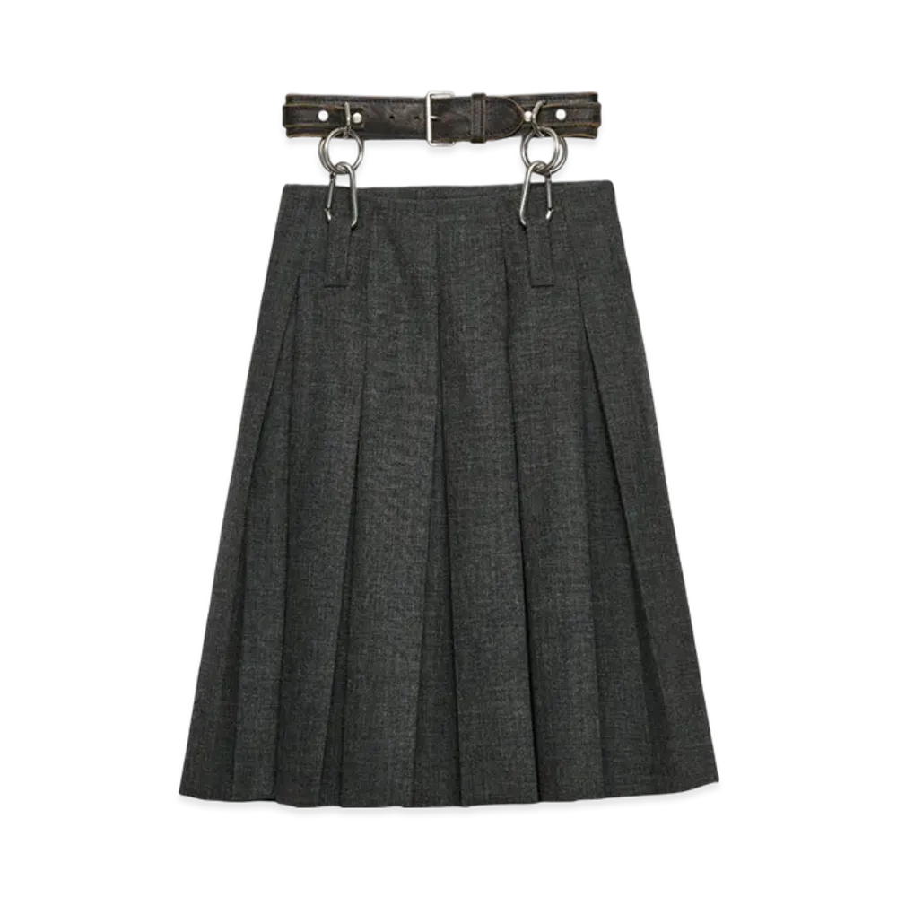PRADA Women's Pleated Rush Stitch Skirt with Belt "Slate Gray"