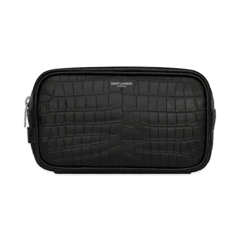 SAINT LAURENT Saint Laurent Paris Small Grooming Case In Crocodile-Embossed Matte Leather "Black"