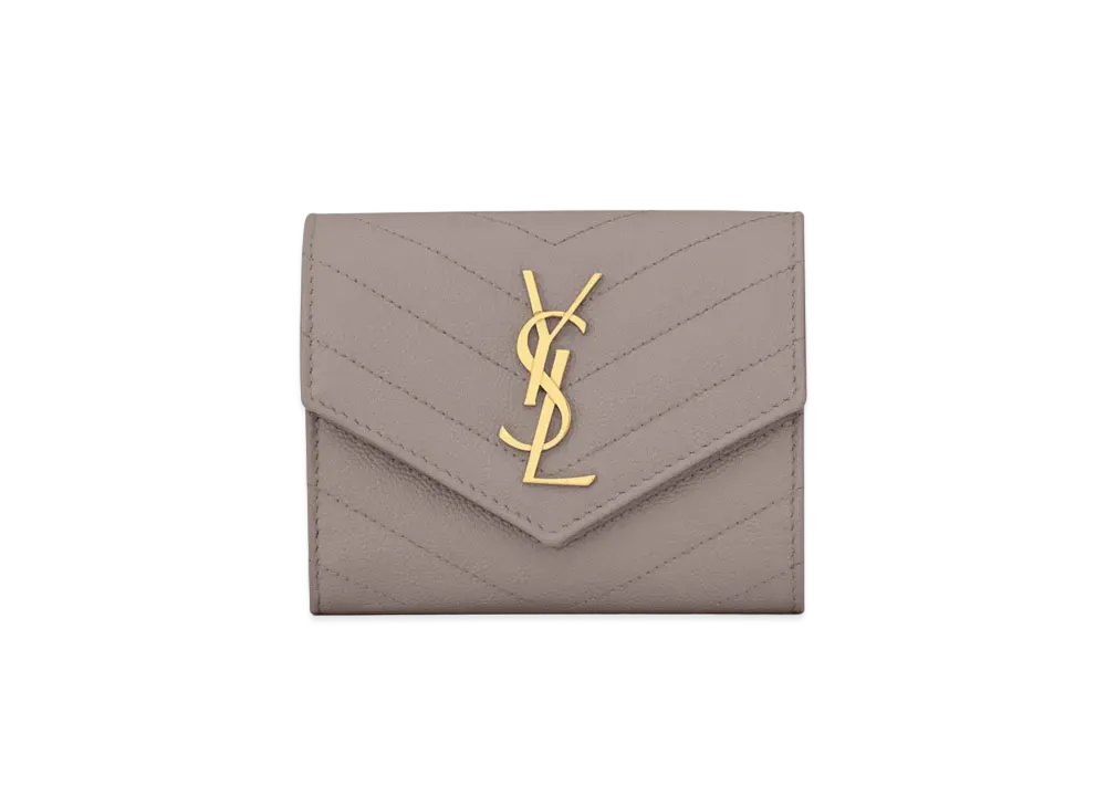SAINT LAURENT Monogram Compact Tri Fold Wallet In Grain De Poudre Embossed Leather "Fog"