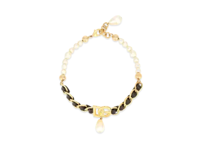 Dolce&Gabbana Choker With DG Logo, Pearl Pendant and Leather Details "Gold"
