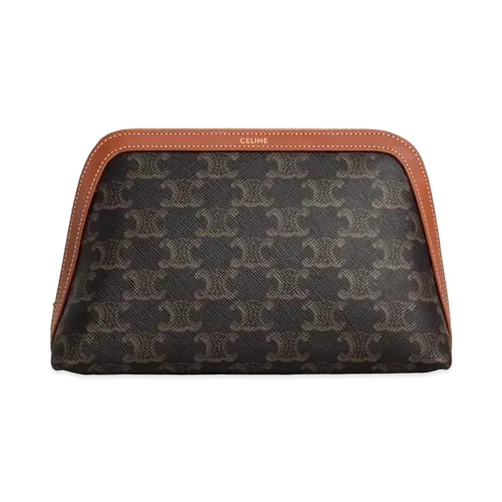 CELINE Medium Cosmetic Pouch In Triomphe Canvas And Calfskin "Tan"
