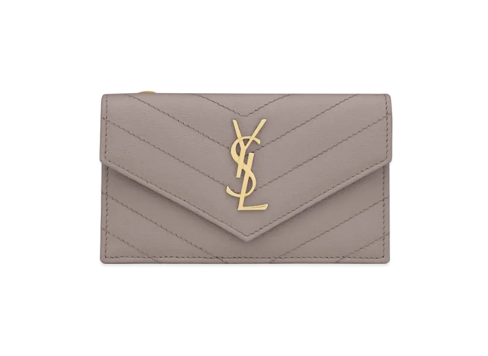 SAINT LAURENT Monogram Fragments Flap Card Case In Grain De Poudre Embossed Leather "Fog"