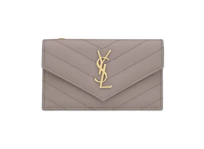 SAINT LAURENT Monogram Fragments Flap Card Case In Grain De Poudre Embossed Leather "Fog"