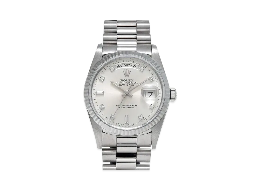 ROLEX Daydate 8P Round/2P Baguette Diamonds "Silver/White Gold"