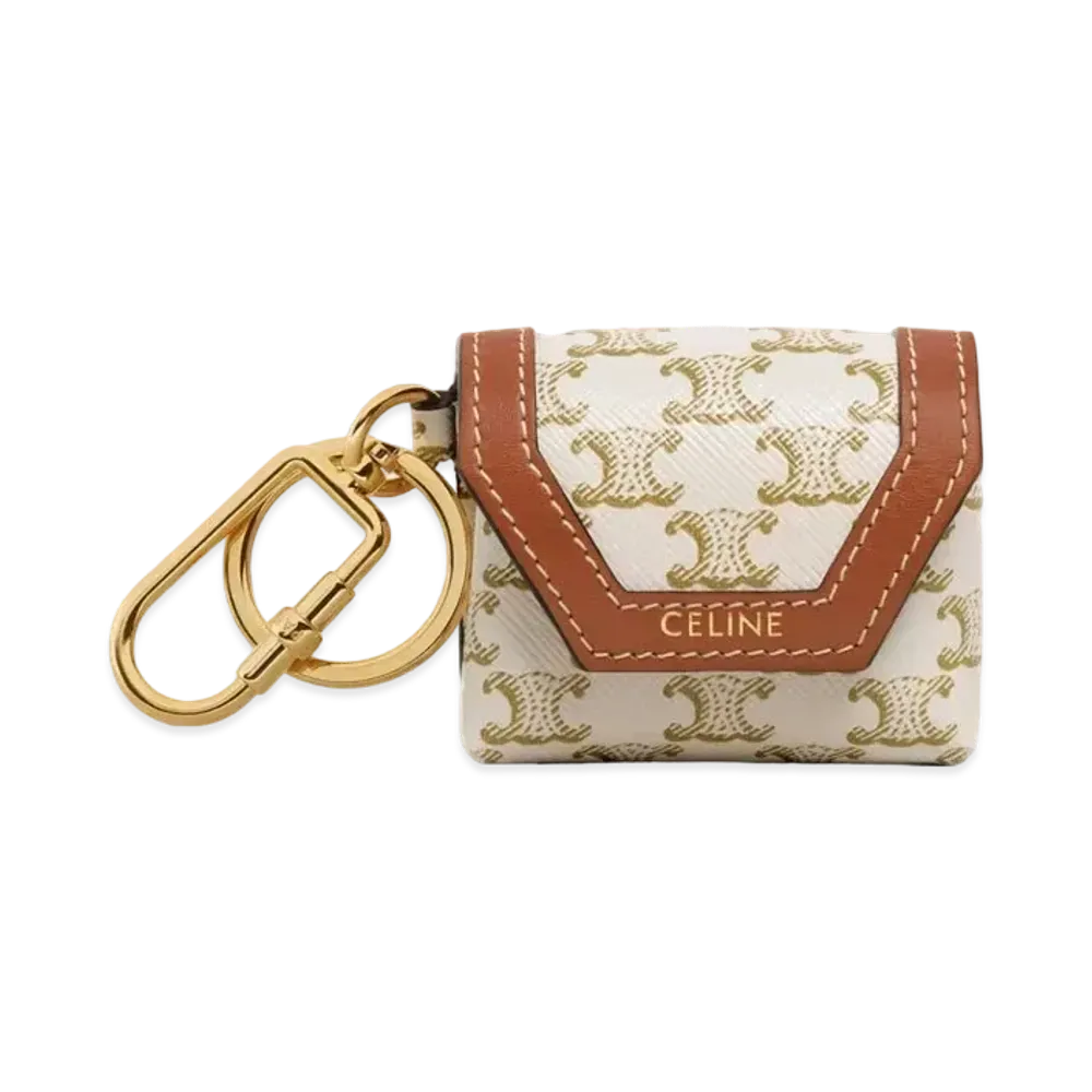 CELINE Envelop Airpods Keyring in Triomphe Canvas and Calfskin  "White/Tan"