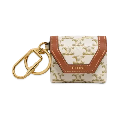 CELINE Envelop Airpods Keyring in Triomphe Canvas and Calfskin "White/Tan"