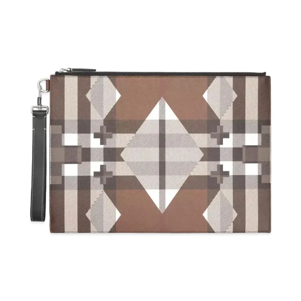 Burberry Large Geometric Check & Leather Zip Pouch "Dark Barch Brown"