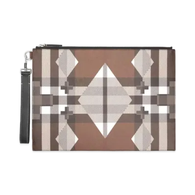 Burberry Large Geometric Check & Leather Zip Pouch "Dark Barch Brown"