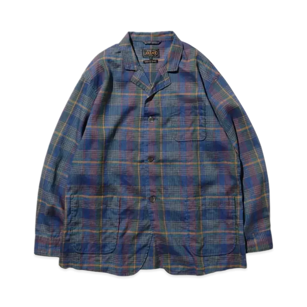 BEAMS 4B Cuffs Jacket Mesh Plaid "Blue"