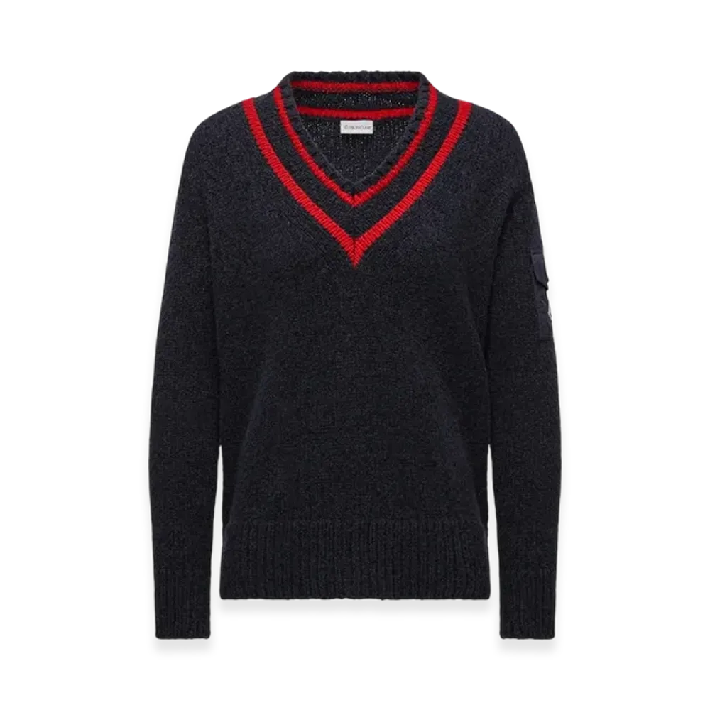 MONCLER Padded V-Neck Cotton & Wool Blend Jumper "Navy Blue"
