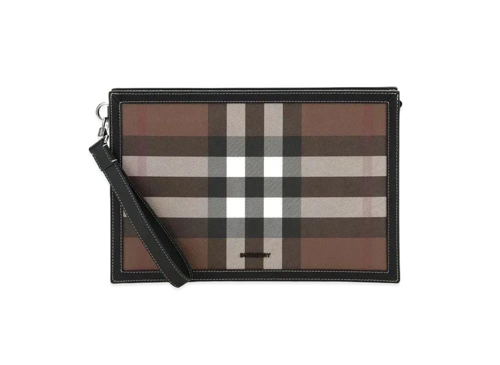 Burberry Check & Leather Zip Pouch "Dark Barch Brown"