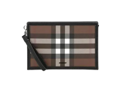 Burberry Check & Leather Zip Pouch "Dark Barch Brown"