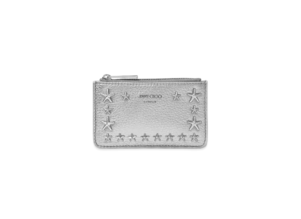 Jimmy Choo Nancy Metaric Soft Grainy Calf Leather Key Case With Stars Studs "Gunmetal"