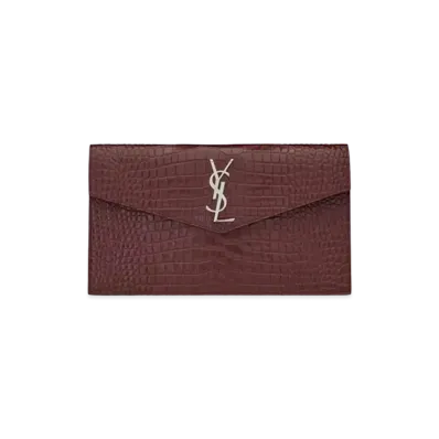 Saint Laurent Uptown Pouch In Crocodile Embossed Shiny Leather "Rouge Legion"