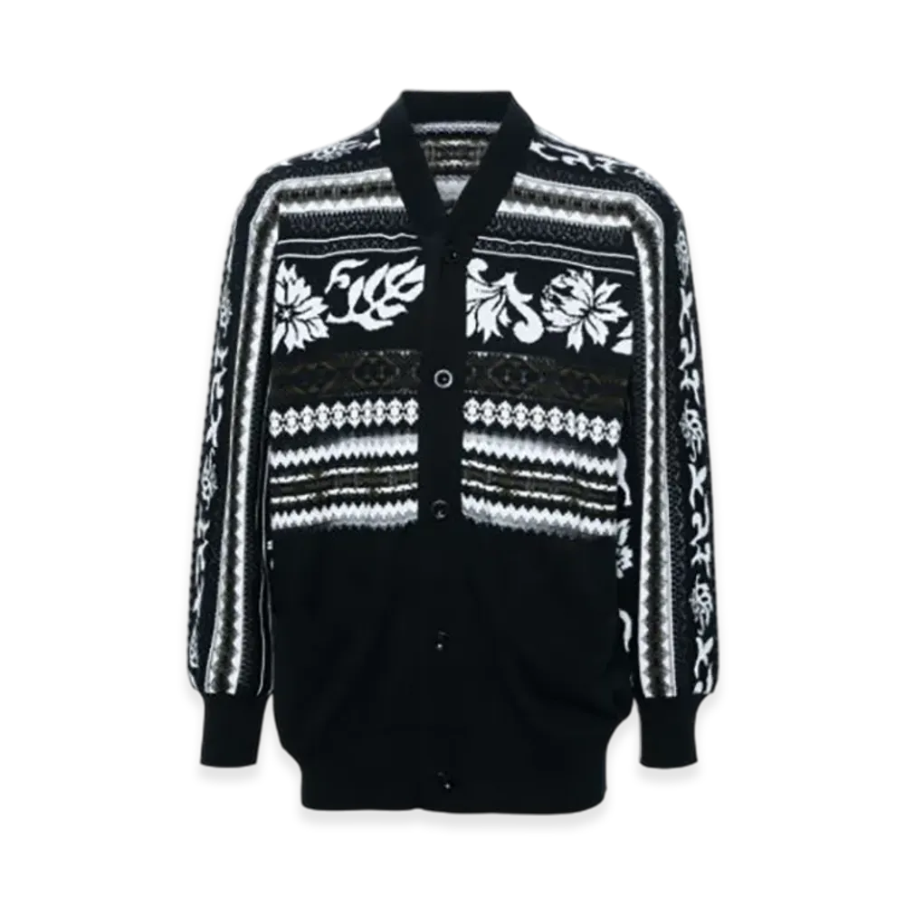 sacai Patterned Intarsia Ribbed Cardigan "Black"