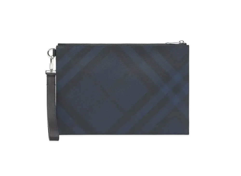 Burberry London Check & Leather Zip Pouch "Navy"