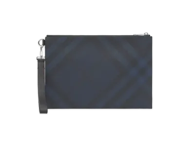 Burberry London Check & Leather Zip Pouch "Navy"