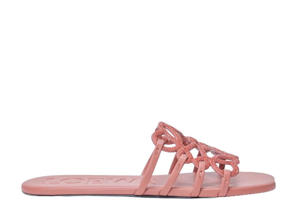 LOEWE Women's Petal Anagram Slide in Rhinestones Suede "Blush"