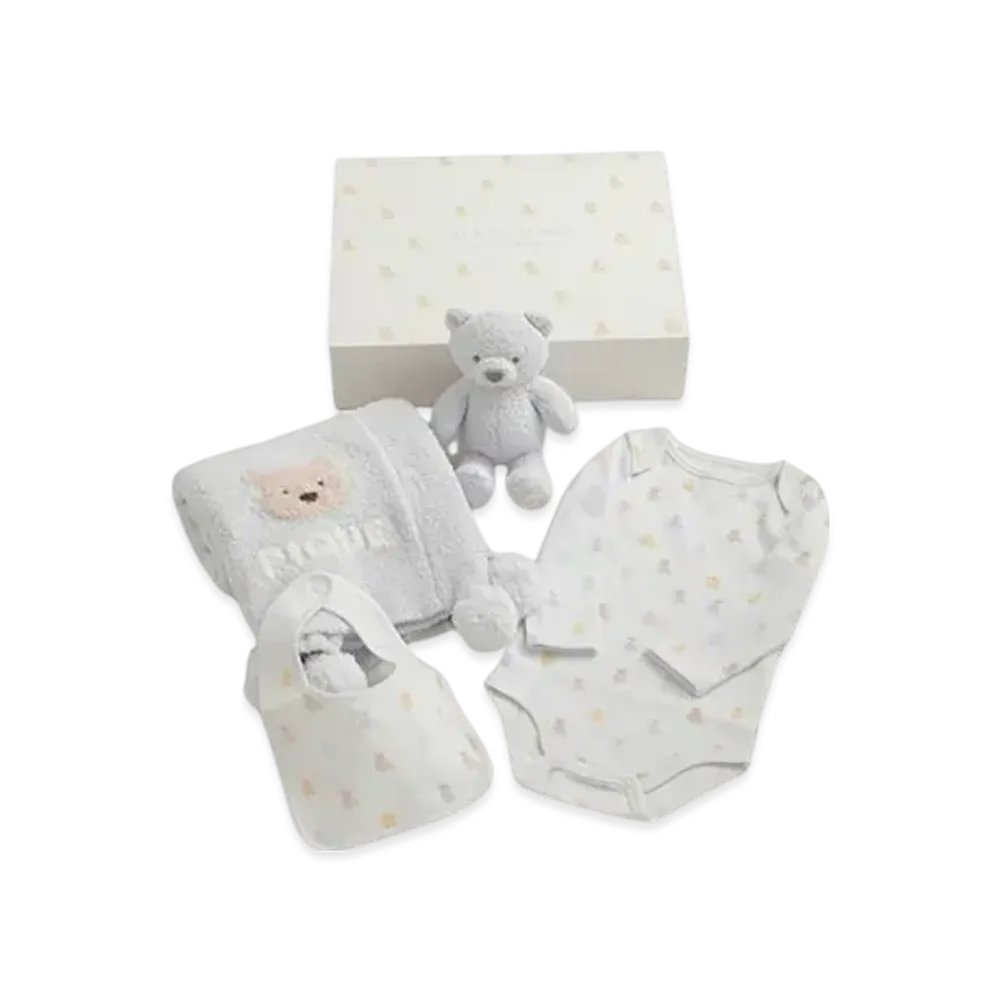GELATO PIQUE Baby Bear Blanket & Stuffed Toy & Bodysuit & Bib 4 Piece Set Gift Box "Blue"