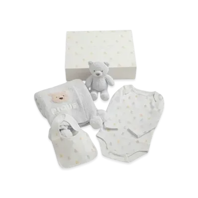 GELATO PIQUE Baby Bear Blanket & Stuffed Toy & Bodysuit & Bib 4 Piece Set Gift Box "Blue"