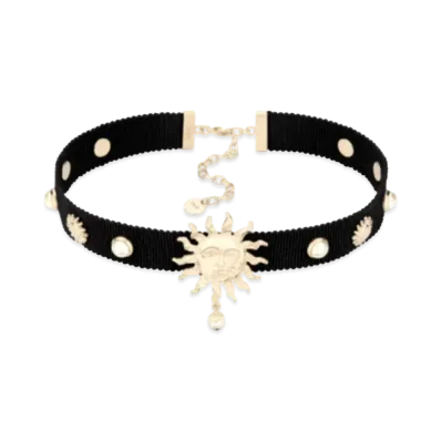 Dior Toile de Jouy Soleil Choker Metal with Grosgrain and Resin Pearls "Gold/Black/White"
