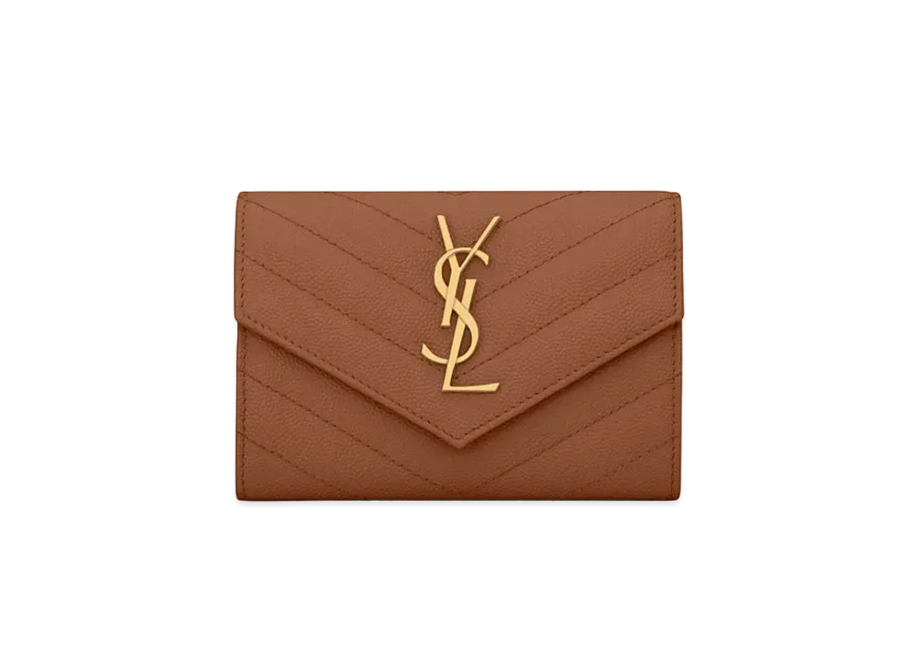 SAINT LAURENT Monogram Small Envelope Wallet In Grain De Poudre Embossed Leather "Dark Natural"