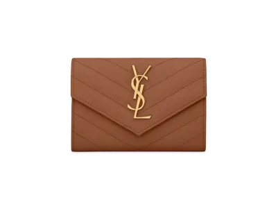 SAINT LAURENT Monogram Small Envelope Wallet In Grain De Poudre Embossed Leather "Dark Natural"