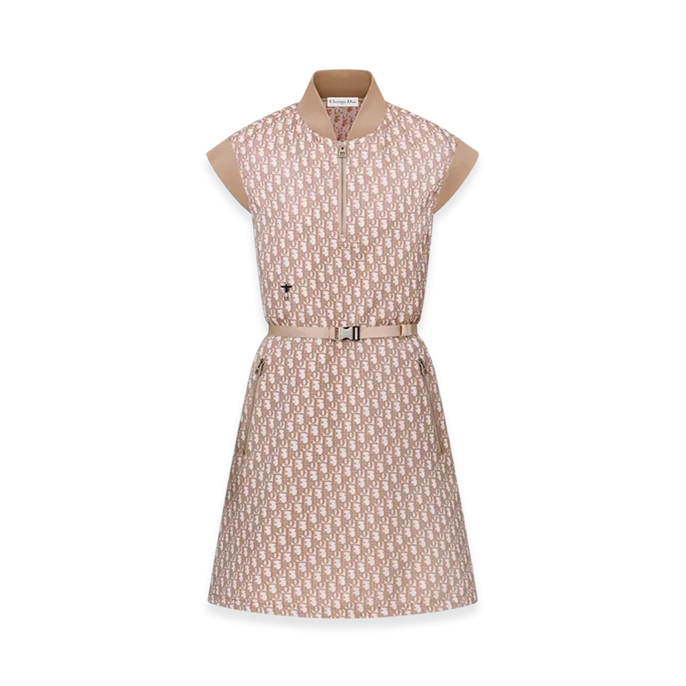 Dior Women's Belted Dress Technical Taffeta Jacquard Oblique Motif "Melocoton Pink"