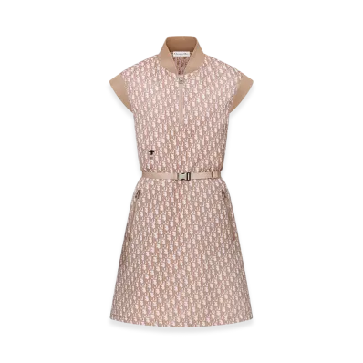 Dior Women's Belted Dress Technical Taffeta Jacquard Oblique Motif "Melocoton Pink"