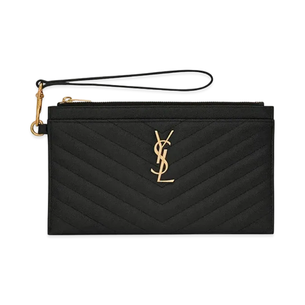 SAINT LAURENT Monogram Large Bill Pouch In Grain De Poudre Embossed Leather "Black"