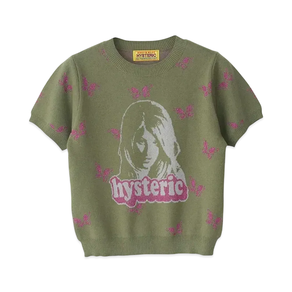 HYSTERIC GLAMOUR Butterfly Woman Head Pattern Short Length Pullover "Khaki"