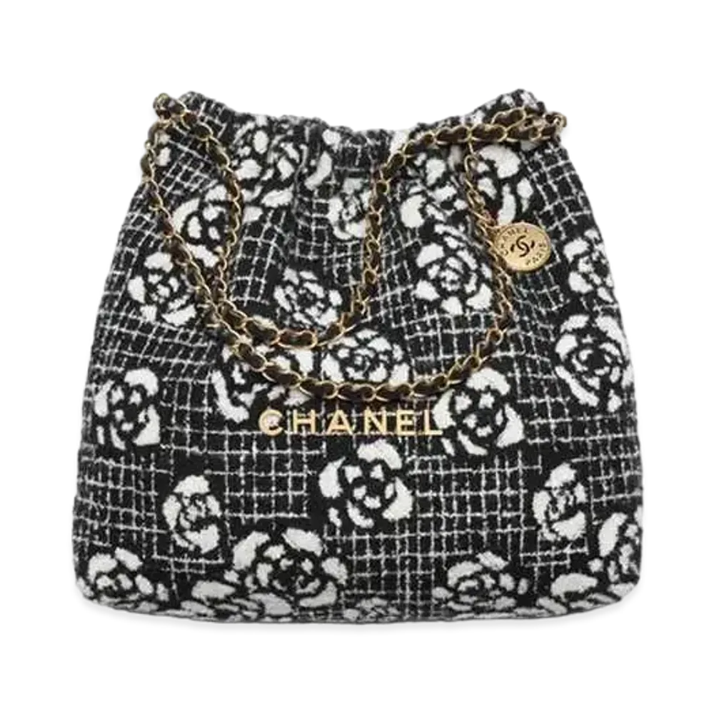 CHANEL 22 Handbag Cashmere Jacquard & Gold Tone Metal "Black/White"