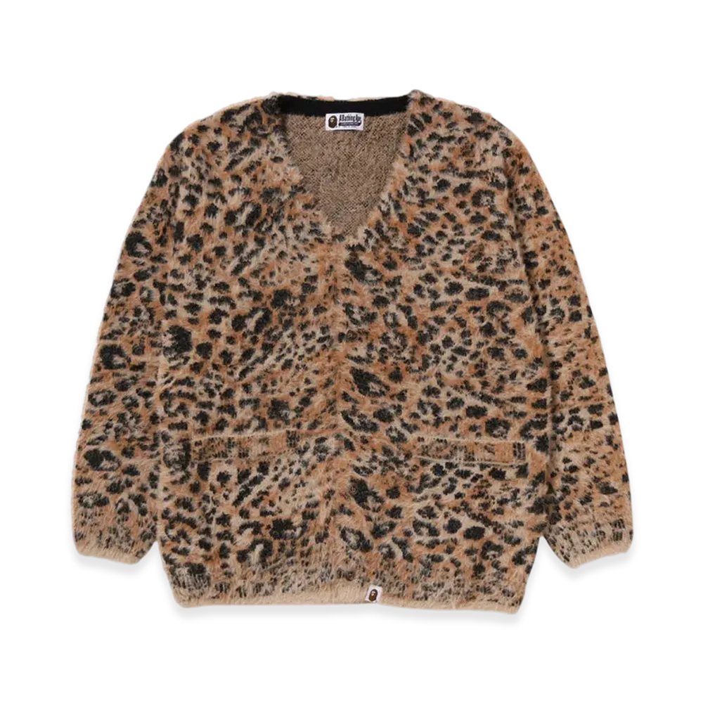 A BATHING APE Wild Leopard Pattern Shaggy Knit Cardigan "Beige"