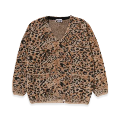 A BATHING APE Wild Leopard Pattern Shaggy Knit Cardigan "Beige"