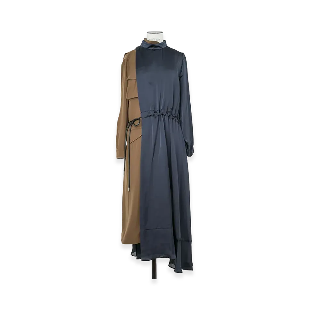 sacai Women's Crepe Back Satin x Satin Dress "Navy/Brown"