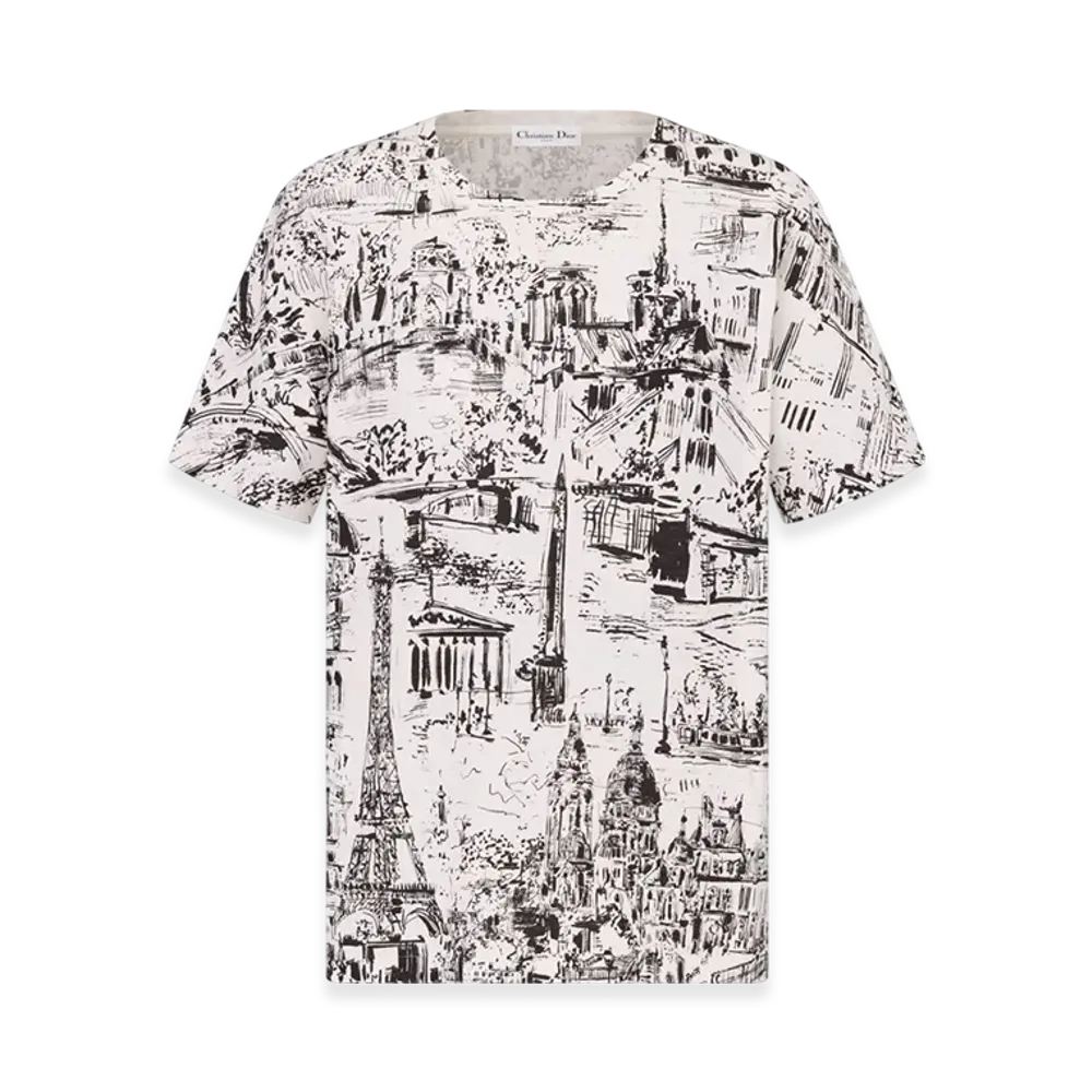 Dior Women's T-Shirt Paris Allover Motif Cotton Linen Jersey "White/Black"